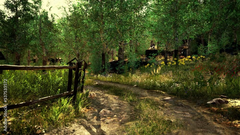 Landscape with wooden fence grassy meadow and path Landscape with wooden fence grassy meadow and path
