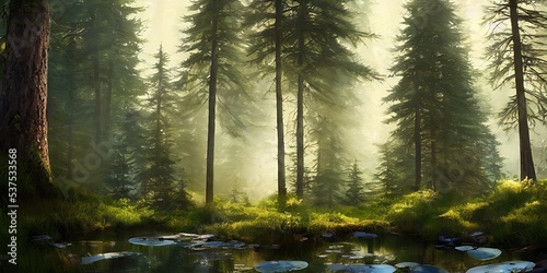 Summer landscape of a coniferous forest near the water