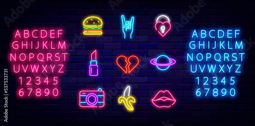 Pop art neon icons collection. Broken heaart, planet and photo camera. Woman lips, burger. Vector stock illustration