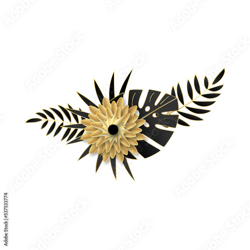 Gold with black flower. Shiny illustration of golden plant