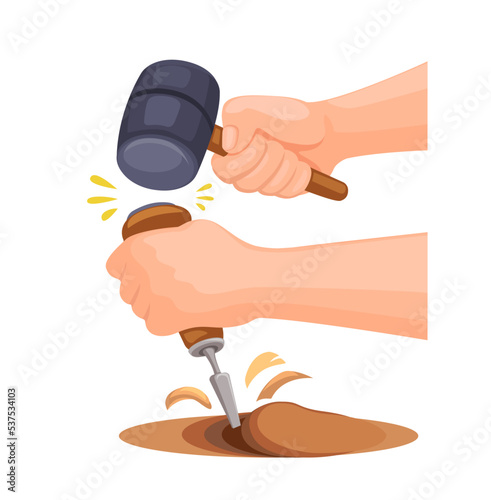 Hand holding chisel, wood sculpture craft work tool symbol illustration vector
