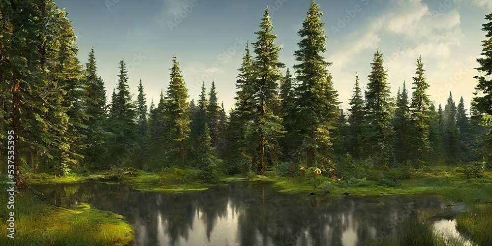 Summer landscape of a coniferous forest near the water