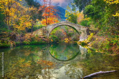 Pont des Tuves - the ancient roman stone bridge across the Siagne river surrounded by yellow autumn forest near Saint-Cezaire-sur-Siagne, Alpes Maritimes, France