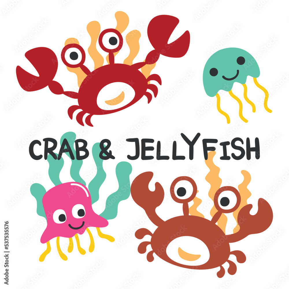 Naklejka premium Cartoon sea animals set. Cute funny crab and jellyfish. can be used for kids baby t shirt print design, fashion graphic, baby shower card, celebration greeting and invitation card