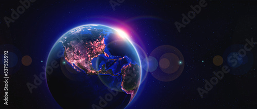 Earth orbit. North America and night lights of cities. Planet in space 3d illustration. Elements of this image are furnished by NASA