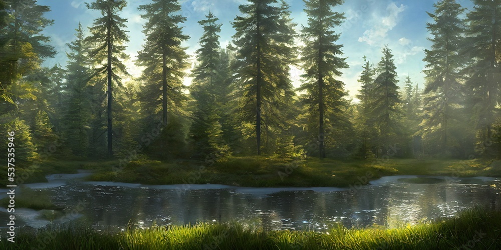 Fototapeta premium Summer landscape of a coniferous forest near the water
