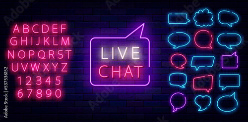 Live chat neon sign in speech bubble. Online communication. Help center emblem. Vector stock illustration