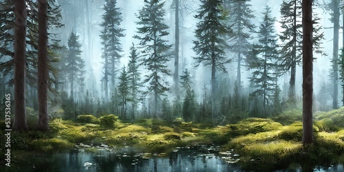 Summer landscape of a coniferous forest near the water