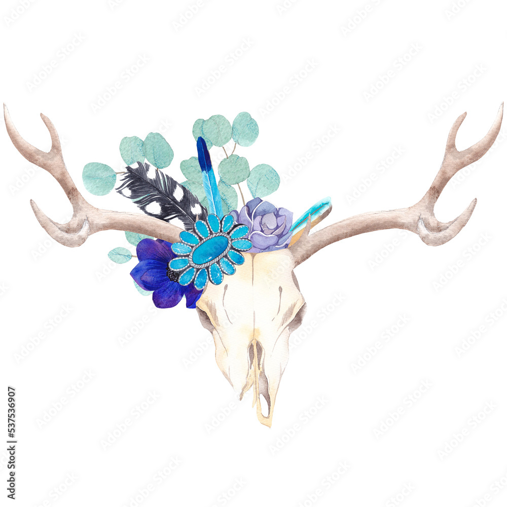 Bohemian watercolor hand drawn boho antlers with colorful flowers, crystals, feathers and plants