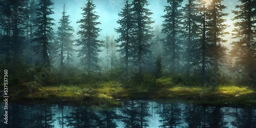 Summer landscape of a coniferous forest near the water