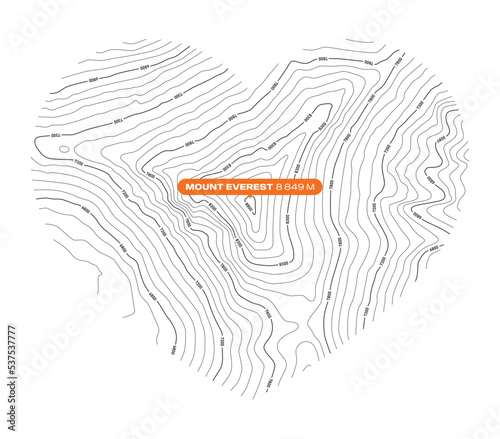 Vector background with a black textured topographical outline of Mount Everest forming a heart symbol photo