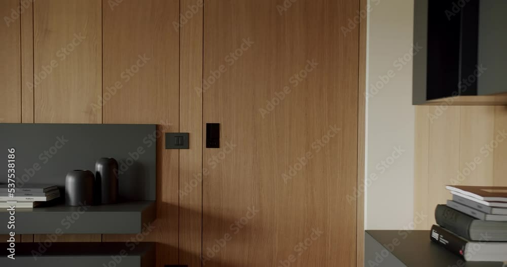 Modern contemporary Minimalist living room with wooden wall and gray furniture.Luxury Modern House Interior with gray Bookshelf. Fashionable furniture. Minimalist Interior with modern shelves and book