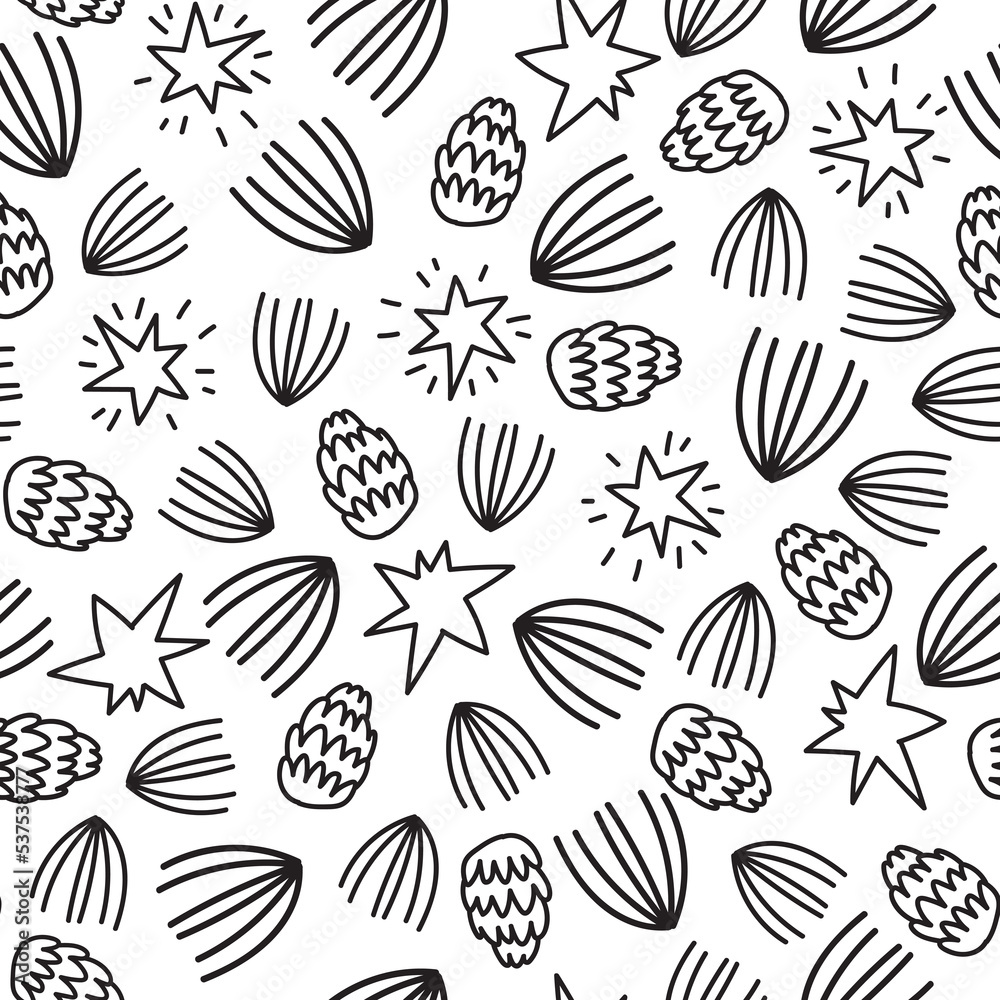Monochrome seamless pattern with pine, pine cones, cones and stars isolated on transparent background Monochrome seamless pattern with pine, pine cones, cones and stars isolated on transparent background