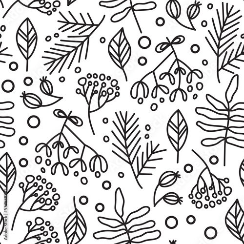 Monochrome seamless pattern with christmas trees, misletoyes, snowlake, berry and branches isolated on transparent background
