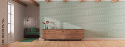 Japandi living room in white and green tones. Wooden chest of drawers with wall mockup. Parquet and wallpaper. Interior design  panoramic view