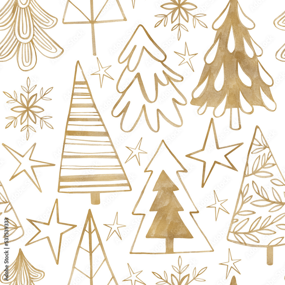 Obraz premium Seamless background textured watercolor pattern with golden trees and stars. Christmas mood golden pattern.