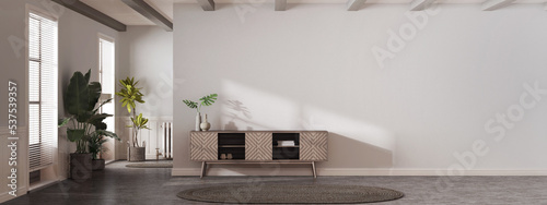 Japandi living room in white and dark tones. Wooden chest of drawers with wall mockup. Marble floor  panoramic view  wall mockup with wallpaper. Modern interior design