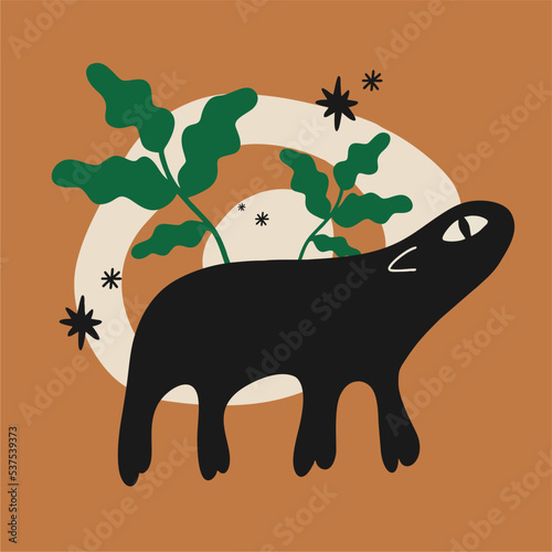 Strange creature. Abstractions and an imaginary monster. Fictional, fantasy animal. Unique boh style illustration. Perfect for poster or postcard template, trendy t-shirt design.