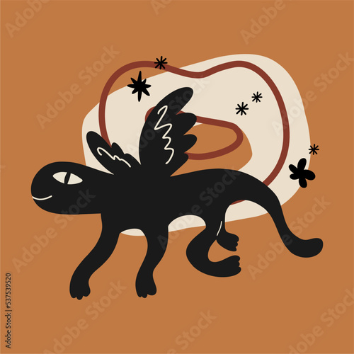 Strange creature. Abstractions and an imaginary monster. Fictional, fantasy animal. Unique boh style illustration. Perfect for poster or postcard template, trendy t-shirt design.