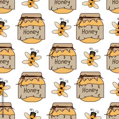 Seamless pattern with honey in a jar with craft paper and twine and bees. A set with beautiful bees and rustic honey.