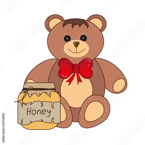 Fotografie Bear and honey in a jar with craft paper and twine