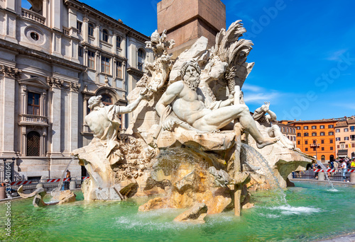 Fountain of Four Rivers (Fontana dei Quattro Fiumi) on Navona square in Rome, Italy