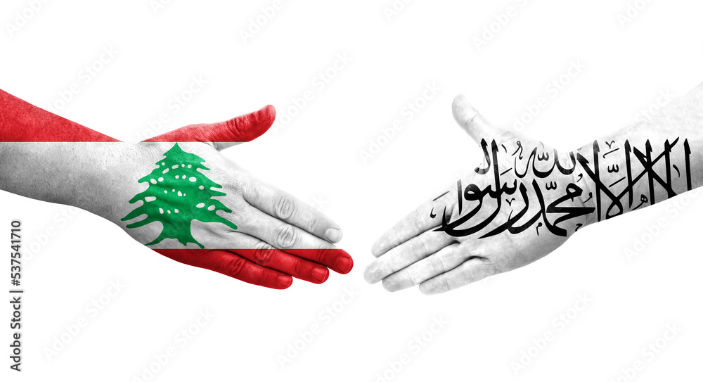 Handshake between Afghanistan and Lebanon flags painted on hands, isolated transparent image. Handshake between Afghanistan and Lebanon flags painted on hands, isolated transparent image.