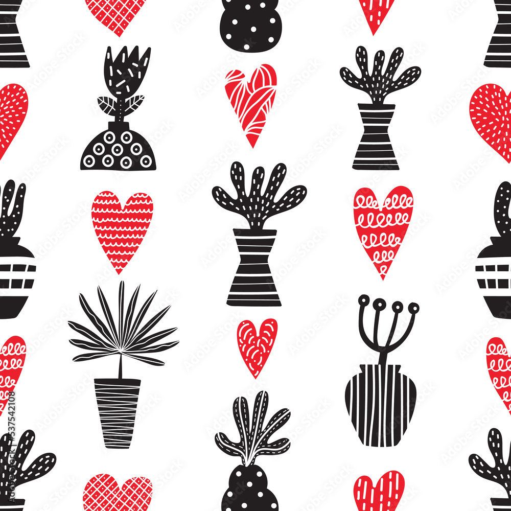 Cartoon seamless black pattern with abstract simple shapes, tropical leaves and decorative elements and hearts. Can be used in textile industry, paper, background, scrapbooking.Vector. Cartoon seamless black pattern with abstract simple shapes, tropical leaves and decorative elements and hearts. Can be used in textile industry, paper, background, scrapbooking.Vector.