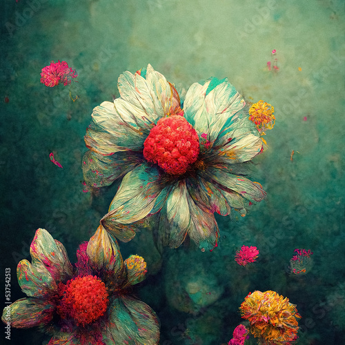 Digital art of abstract flowers blooming grungy turquoise background with light flowers and white petals with pink, red, orange color splashes, colorful painting fantasy beautiful blossom