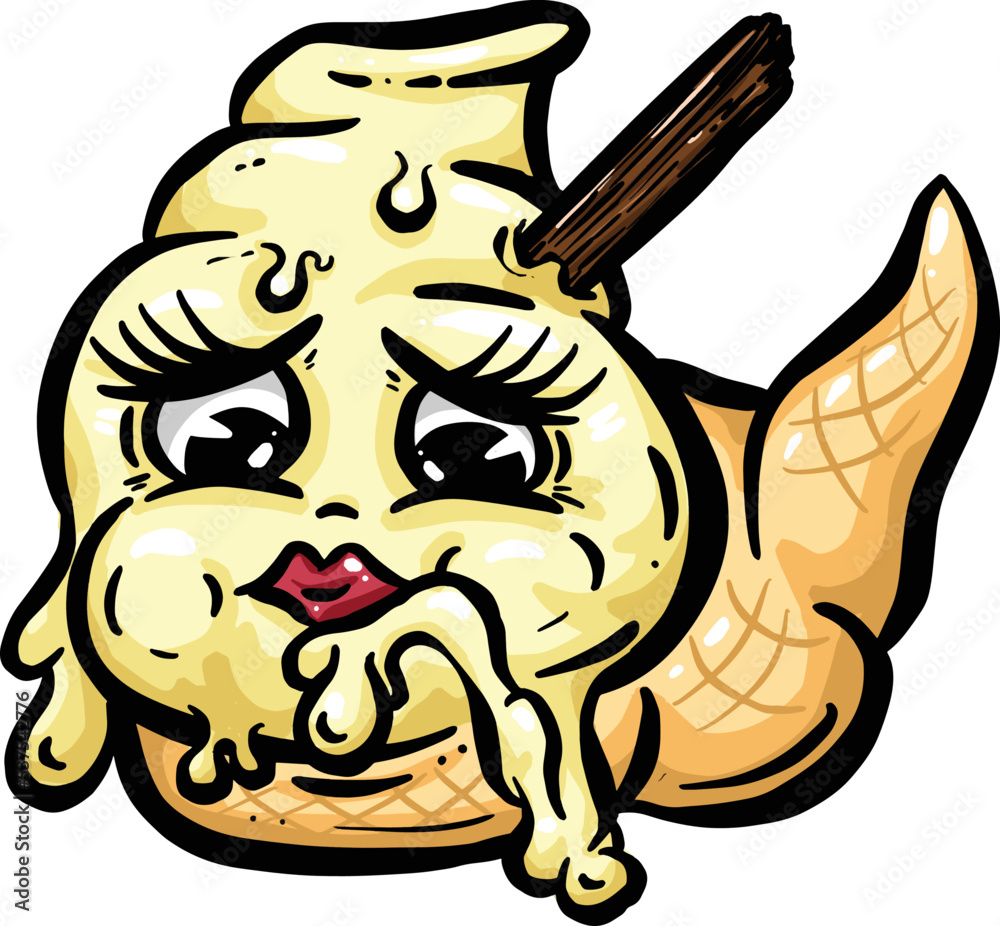 Cartoon Ice Cream Mascot Logo Character Vanilla Cone with Flake Illustration