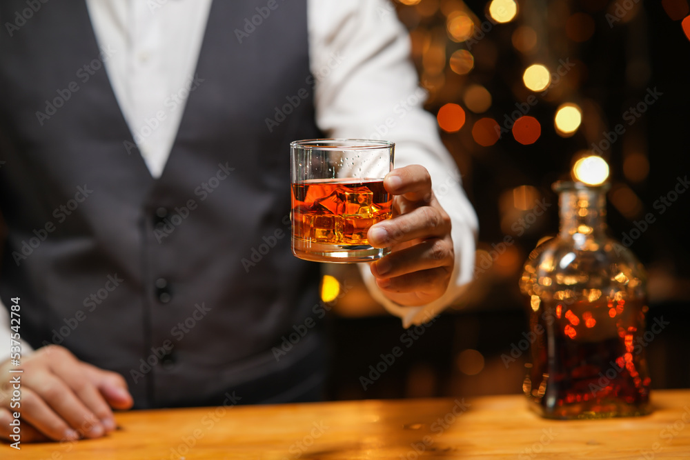 Bartender Serve Whiskey, on wood bar, Bartender Serve Whiskey, on wood bar,