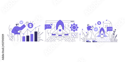 Investors with digital stock market graph, candlestick chart set. People traders investing money, finance in assets. Investment concept. Flat vector illustration isolated on white background