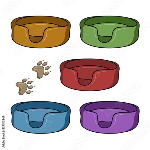 Set of colored icons, soft dog litter, comfortable soft chaise longue, cartoon vector