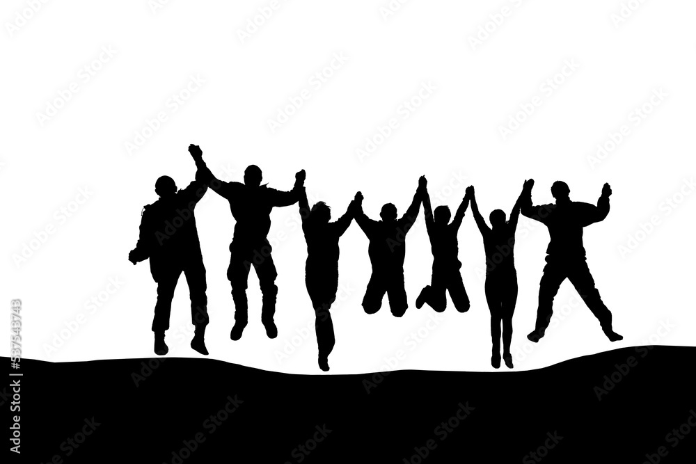 Silhouette of jumping friends in PNG isolated on transparent background