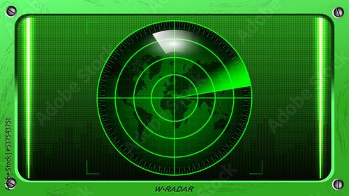 Vector green panel with round radar and world map. Military device with a bright screen and glare