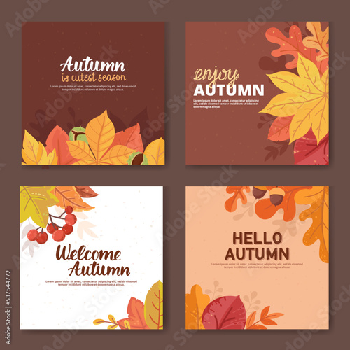 Colourful flat vector illustration: Autumn leaves background and text. Set of autumnal templates for poster, banner, advertising. Image collection with hand drown lettering.
