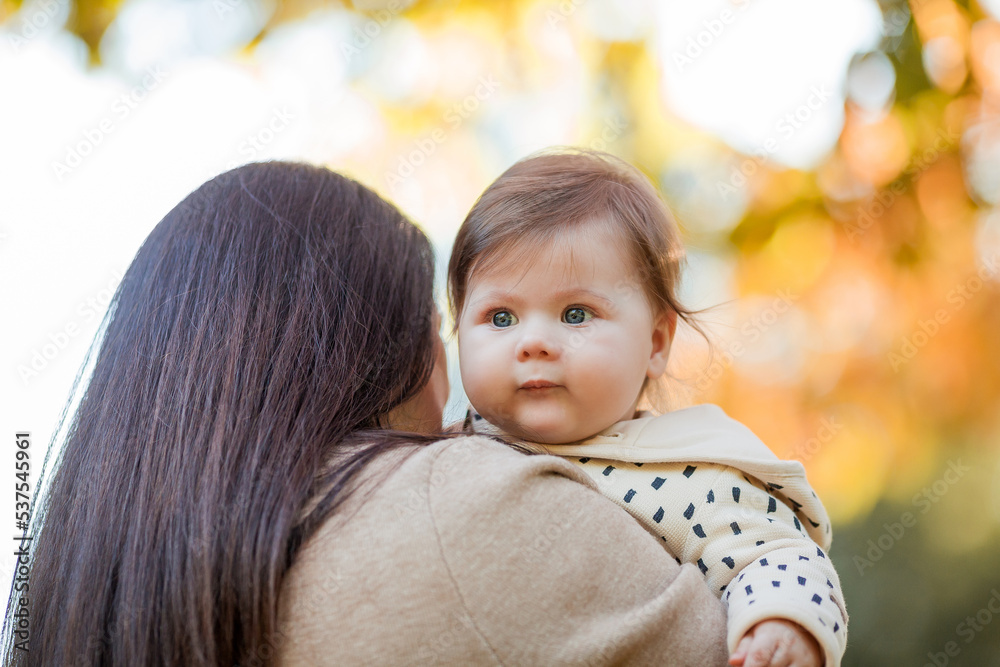 Beautiful young mother with a cute little girl 7 months old walks in the autumn park. Portrait of a happy family. Fall. Beautiful young mother with a cute little girl 7 months old walks in the autumn park. Portrait of a happy family. Fall.