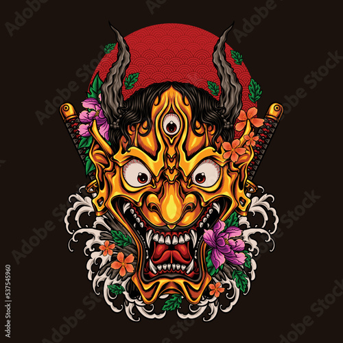oni mask with waves and flowers ornament vector illustration