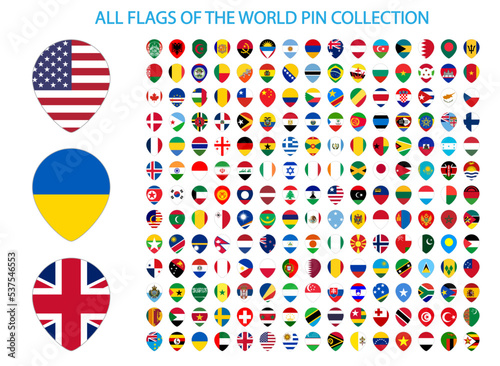 All national flags of the world with names - pin shape with shadow flag isolated on white background
