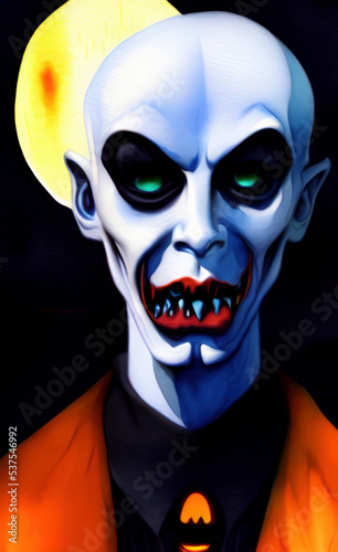 Scary horror monster portrait digital painting. Illustration of evil demonic face, vampire, undead, witch. Halloween.