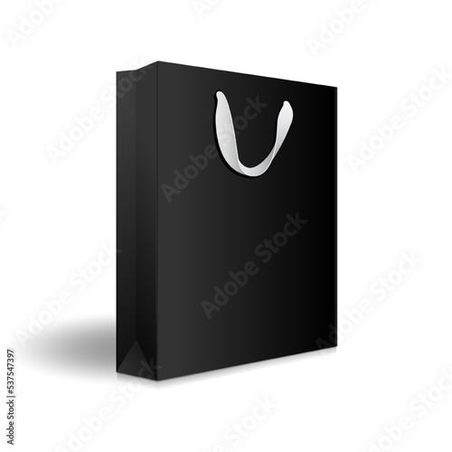 Blank black paper shopping bag or gift bag with ribbon handles mockup template. Isolated on white background with shadow. Ready to use for branding design. Realistic vector illustration.