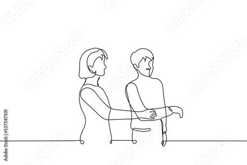 guy pulls his hand away from the woman who touches him - one line drawing vector. concept obsessive fan, teenager does not obey mom or older sister