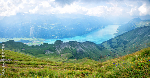stunning view from Brienzer Rothorn mountain to lake Brienzersee, alpine landscape Bernese Oberland photo