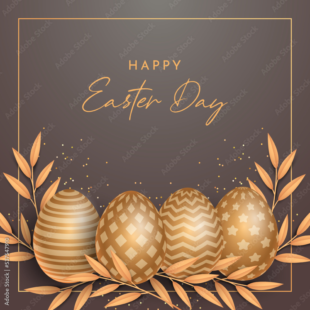 Vector Happy easter holiday greeting card with eggs on shiny background with golden elements and gradient. Printable template 3d happy easter day