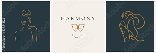 Set of icons and emblems for social media news covers with gold butterflies and female flower on a white background. Design templates for yoga studio astrologer, tourism, beauty salons