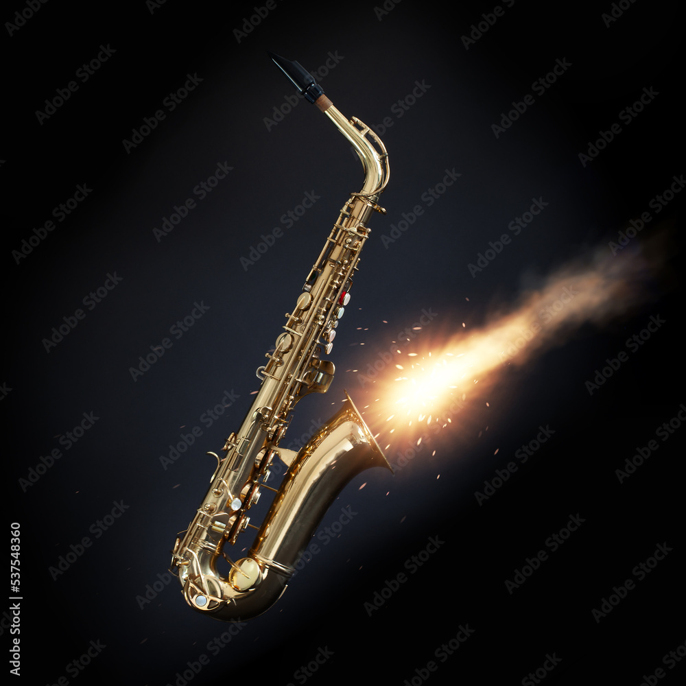 Naklejka premium Saxophone with fire out the bell on black