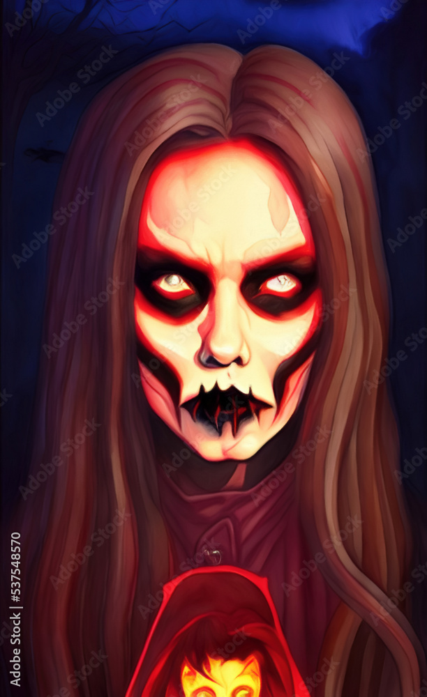 Scary horror monster portrait digital painting. Illustration of evil demonic face, vampire, undead, witch. Halloween.