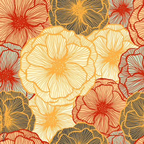 Poppy flower doodle  floral vector seamless pattern summer  fabric print desi...