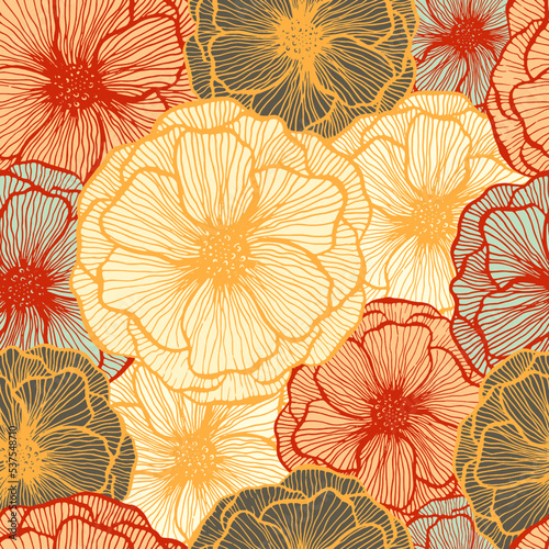 Poppy flower doodle  floral vector seamless pattern summer  fabric print design. Line texture petals