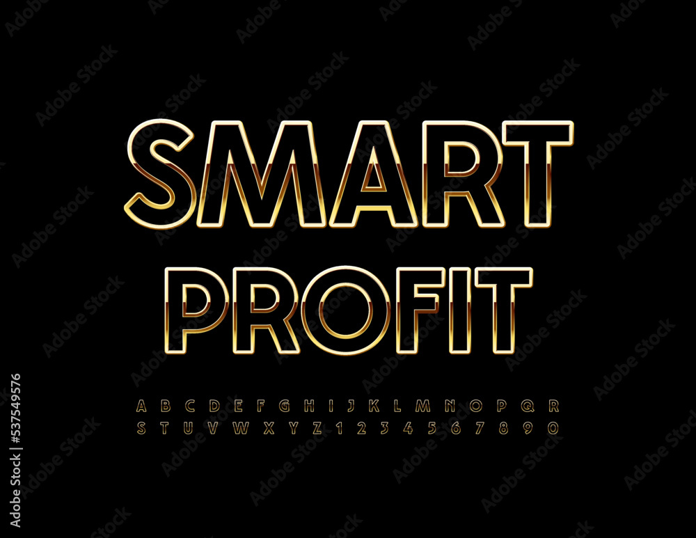 Vector modern logo Smart Profit. Black and Golden chic Font. Artistic Alphabet Letters and Numbers	